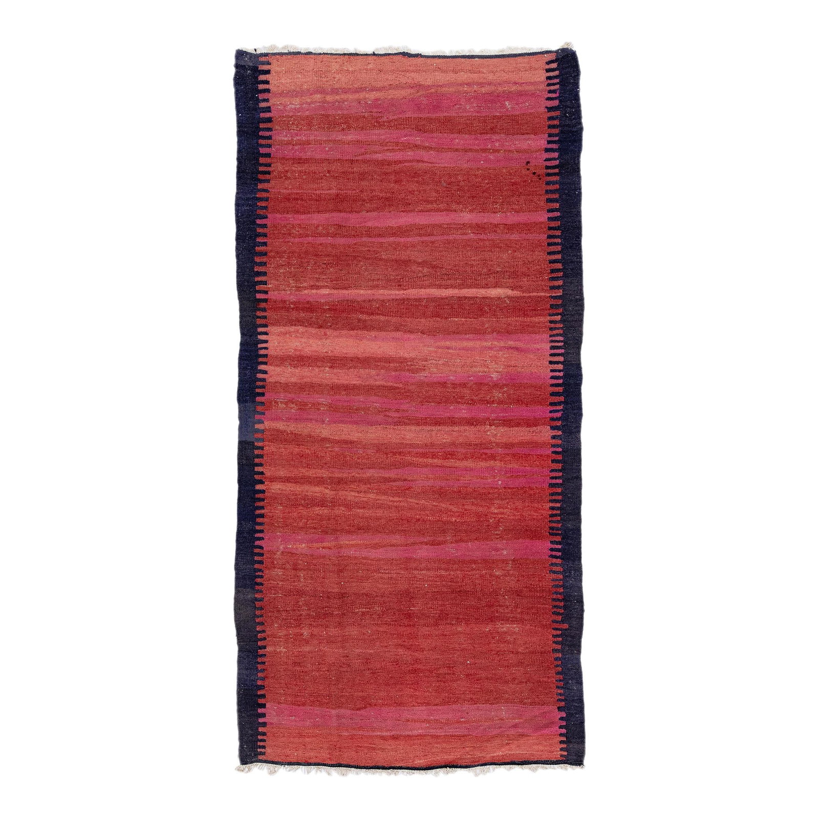 Vintage Turkish Kilim Handmade Red Wool Geometric Rug 4'5 x 9'4: Vintage Turkish Kilim Handmade Red Wool Geometric Rug 4'5 x 9'4 This exquisite Mid-20th Century Turkish Kilim rug features a vibrant red field adorned with multicolor geometric designs, showcasing the