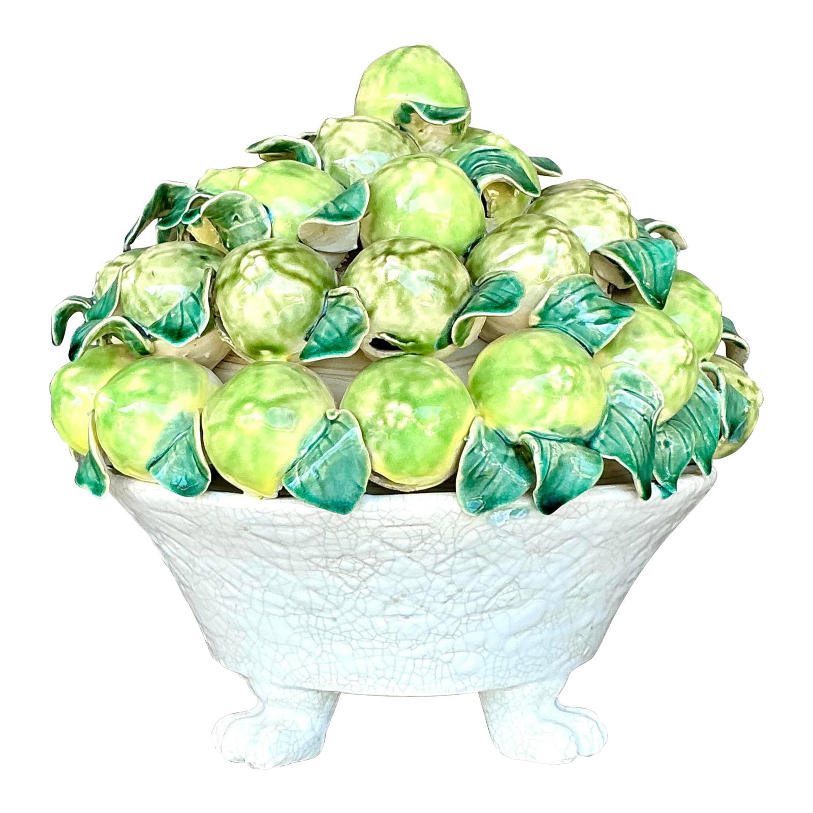 Vintage Coastal Ceramic Bowl with Lifelike Limes: Vintage Coastal Ceramic Bowl with Lifelike Limes Enhance your decor with this Vintage Coastal Glazed Ceramic Bowl of Limes. This delightful piece showcases vibrant, lifelike limes nestled in a beautif