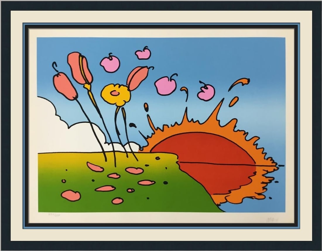 Peter Max Sunrise Flowers 1978 limited edition serigraph framed: Peter Max Sunrise Flowers 1978 limited edition serigraph framed This is a limited edition vintage serigraph titled "Sunrise Flowers" by Peter Max, created in 1978. The piece is pencil signed and numbe
