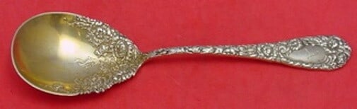 Durgin Chrysanthemum Sterling Silver Gold Washed Preserve Spoon 7.5": Durgin Chrysanthemum Sterling Silver Gold Washed Preserve Spoon 7.5" This exquisite preserve spoon, crafted by Durgin in the classic Chrysanthemum pattern, combines elegance with functionality. Made f