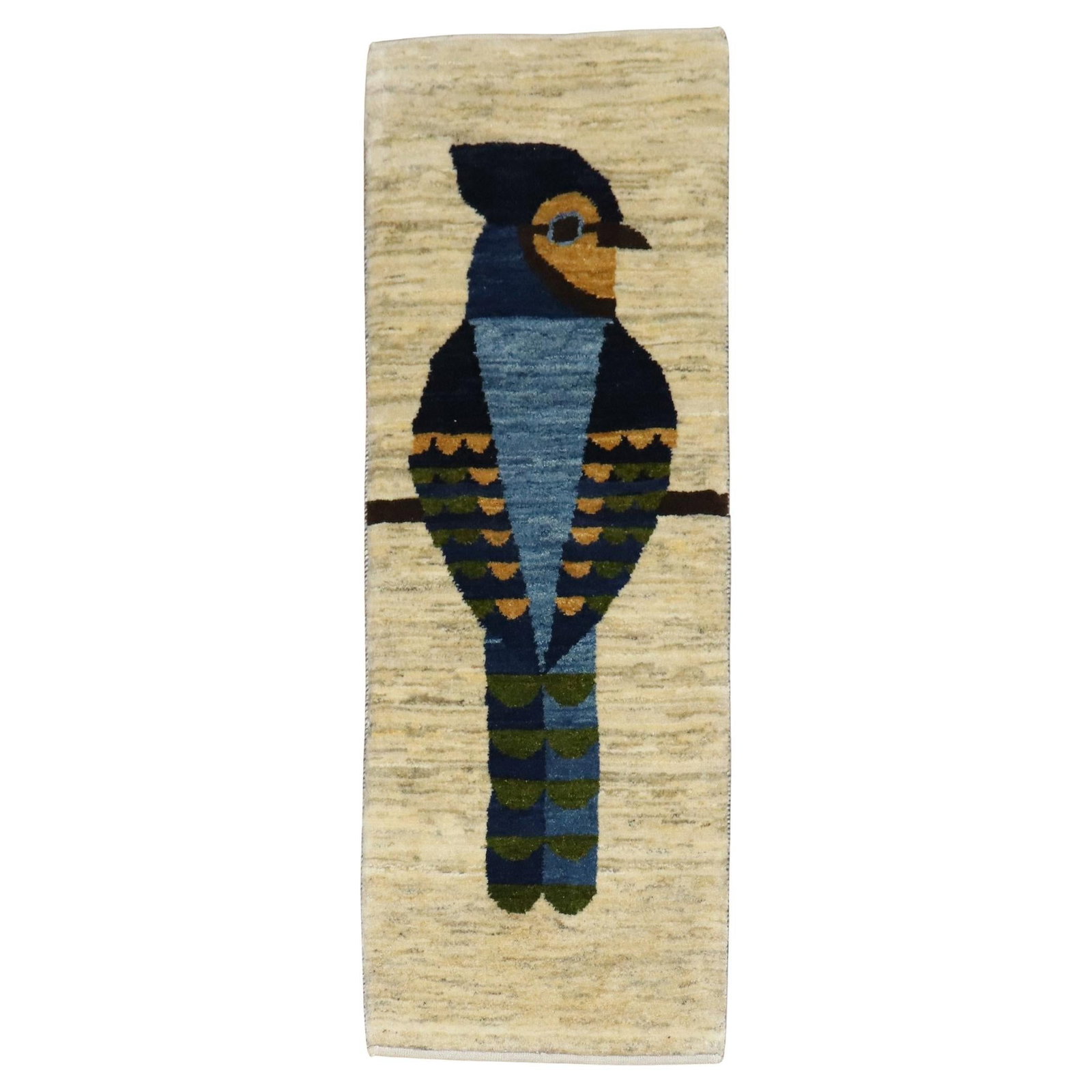 Hand-Knotted Wool Tribal Gabbeh Rug with Pigeon Motif Signed: Hand-Knotted Wool Tribal Gabbeh Rug with Pigeon Motif Signed This Persian Gabbeh rug from the 21st century features a tribal design depicting a pigeon. Expertly hand-knotted from wool, it showcases tr