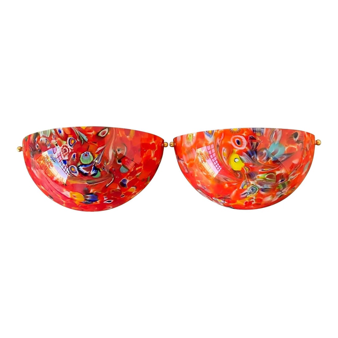 Pair of Italian Murano Glass Wall Sconces: Pair of Italian Murano Glass Wall Sconces This pair of vintage Italian wall sconces is crafted in the style of Murano, featuring thick, hand-blown art glass shades with a vibrant scarlet base and intr
