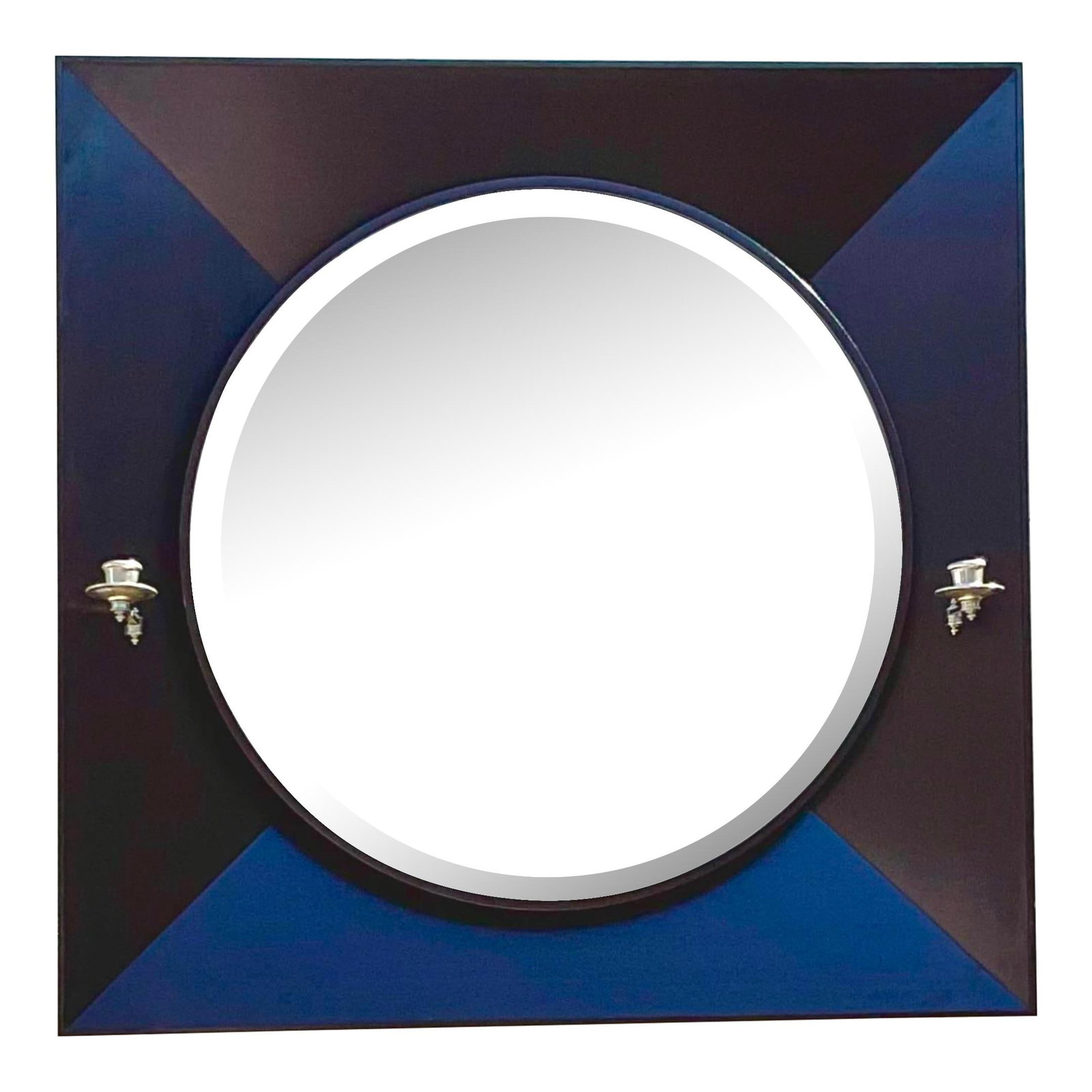Vintage Contemporary Ebony Mirror with Candlesticks 48x48: Vintage Contemporary Ebony Mirror with Candlesticks 48x48 This stunning vintage contemporary wall mirror features a chic ebony angled frame complemented by two attached candlesticks, making it a perfe