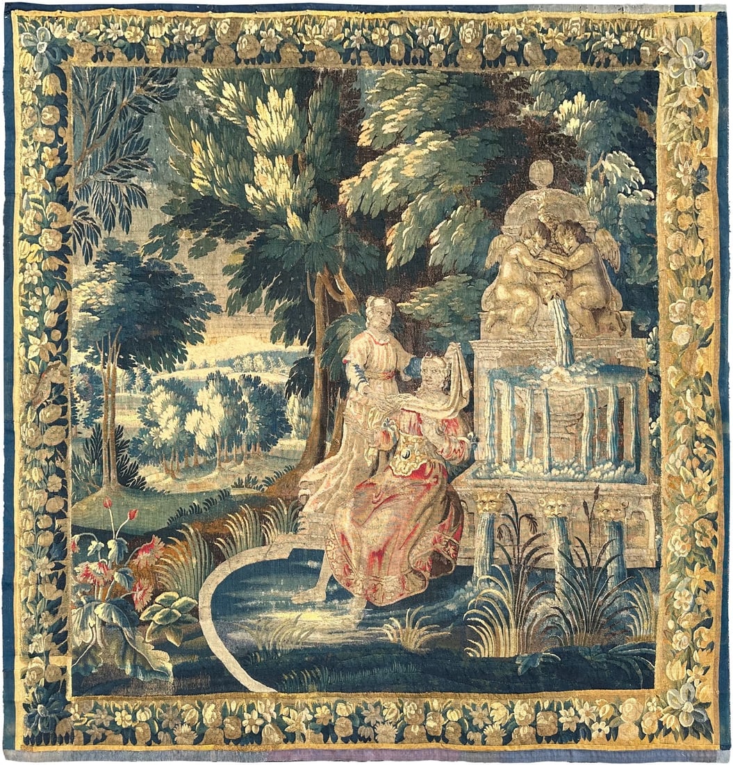 17th Century French Wool Silk Wall Tapestry Floral Fountain Scene (1 of 18)
