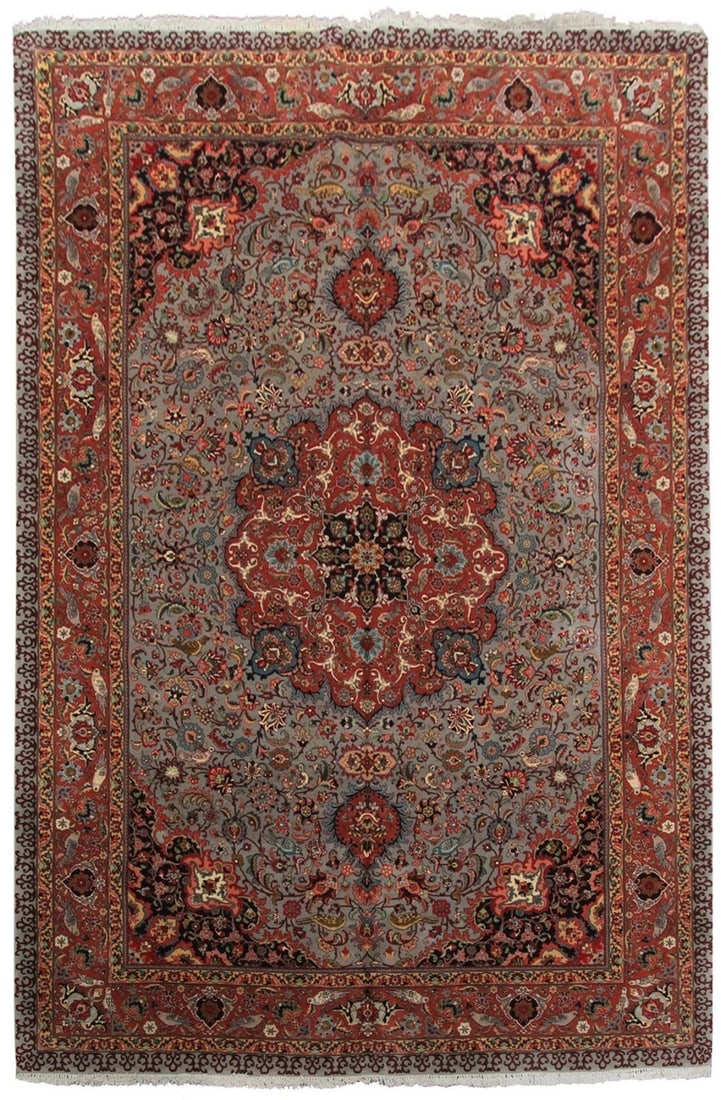 Hand Knotted Wool Silk Persian Tabriz Floral Medallion Rug 7x9: Hand Knotted Wool Silk Persian Tabriz Floral Medallion Rug 7x9 This vintage Persian Tabriz area rug, crafted circa 1960, features a hand-knotted construction from high-quality wool and silk. The rug p