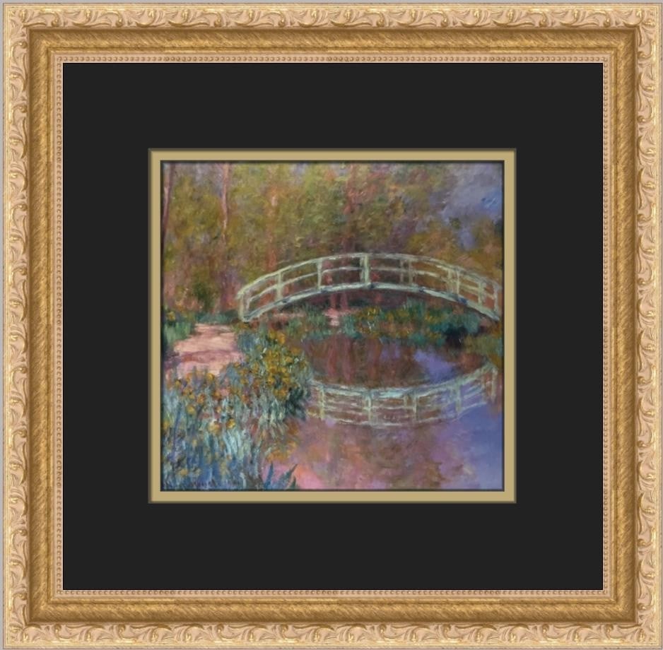 Framed Offset Lithograph Print Claude Monet Water Lily Pond with Irises Bridge: Framed Offset Lithograph Print Claude Monet Water Lily Pond with Irises Bridge Custom framed open edition print of Claude Monet's The Water Lily Pond with Irises and Bridge. This offset lithograph is 