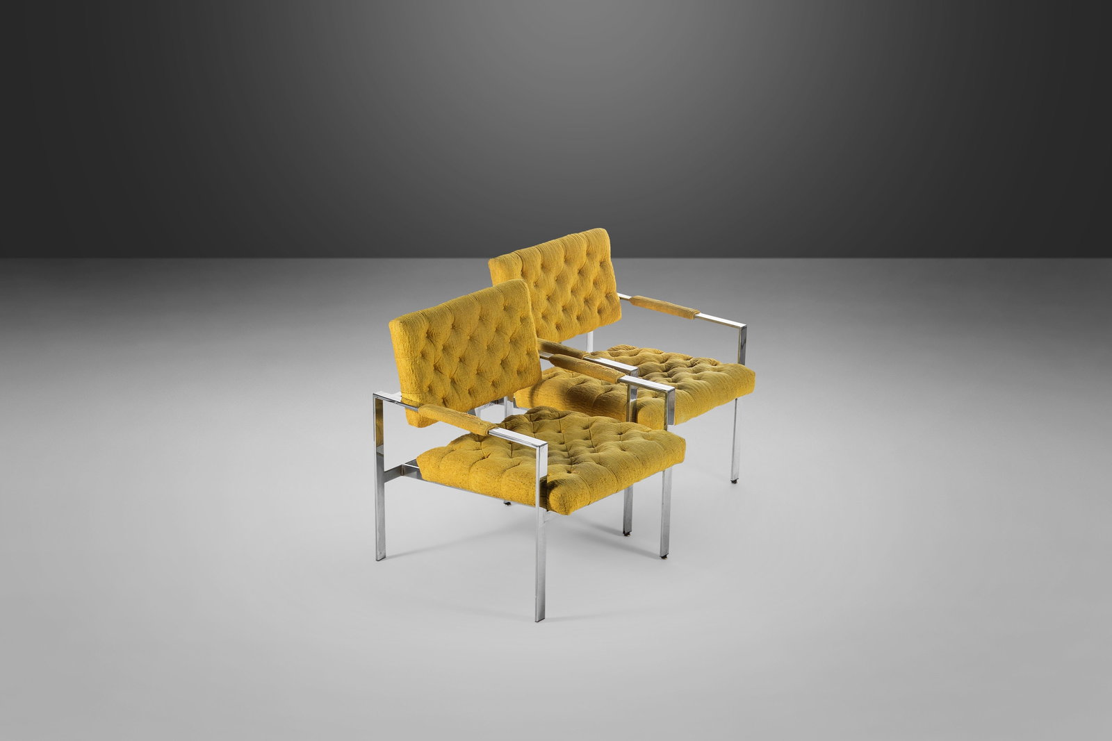 Milo Baughman Chrome Lounge Chairs Pair in Tufted Canary Wool 1970s: Milo Baughman Chrome Lounge Chairs Pair in Tufted Canary Wool 1970s This stunning pair of Milo Baughman lounge chairs, designed for Thayer Coggin, showcases iconic mid-century modern style. Crafted in