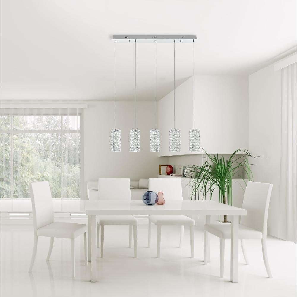 Aston chrome crystal LED pendant 5-light adjustable 40 inch: Aston chrome crystal LED pendant 5-light adjustable 40 inch This modern crystal pendant chandelier features a sleek rectangular design with clear, royal-cut crystals that create a stunning visual effe