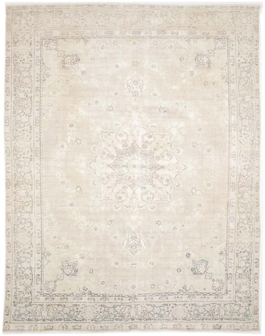 Hand-Knotted Wool Floral Vintage Area Rug 9'6-11 x 12'4 Living Room Accent: Hand-Knotted Wool Floral Vintage Area Rug 9'6-11 x 12'4 Living Room Accent This semi-antique hand-knotted Oriental rug features a muted floral pattern in shades of beige, cream, and brown, offering a 