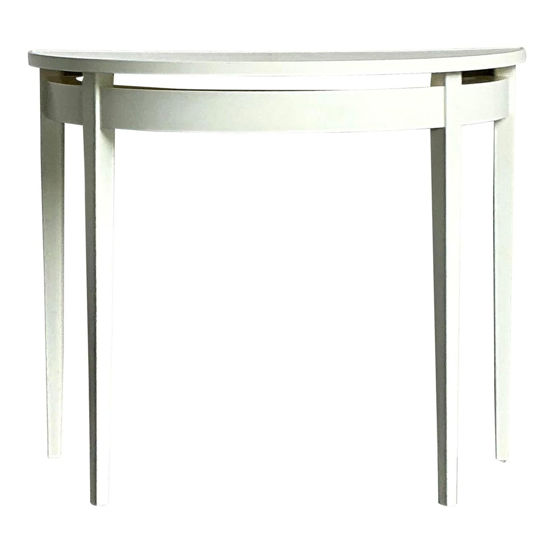 White Lacquer Demilune Console Table With Grasscloth Top Regency Style: White Lacquer Demilune Console Table With Grasscloth Top Regency Style This vintage Regency-style demilune table features a pristine white lacquer finish and a unique grasscloth top sealed under