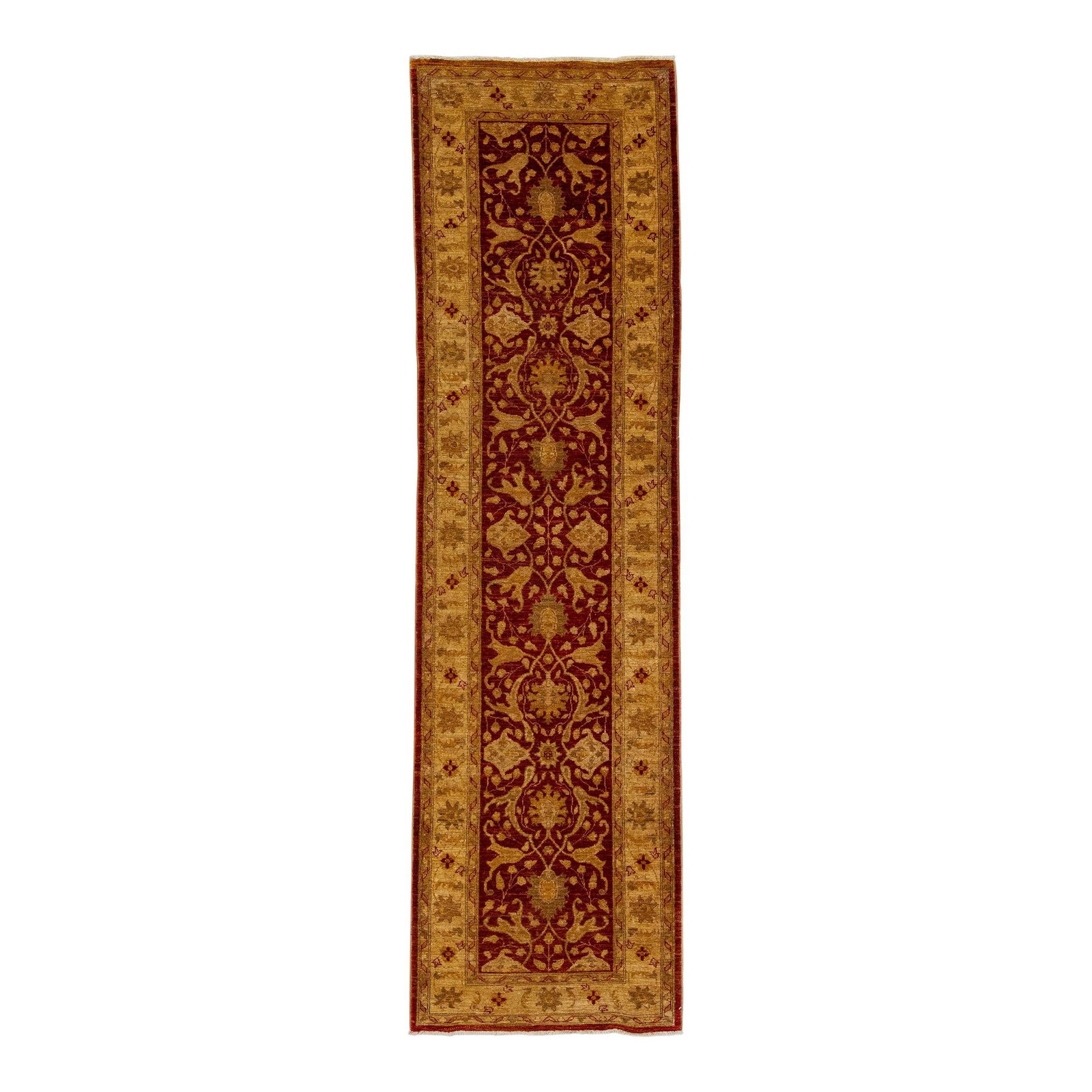 1930s Handmade Peshawar Wool Runner Red Floral Design 2'7" x 9'7": 1930s Handmade Peshawar Wool Runner Red Floral Design 2'7" x 9'7" This exquisite vintage wool runner features a striking red field complemented by tasteful tan accents and an intricate floral design.