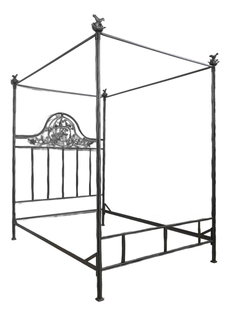 Queen Size Iron Poster Bed Corsican Twig Bird Berry Motif: Queen Size Iron Poster Bed Corsican Twig Bird Berry Motif This queen size poster bed features a traditional design with a unique twig, berry, and bird motif crafted from heavy, high-quality iron. The 