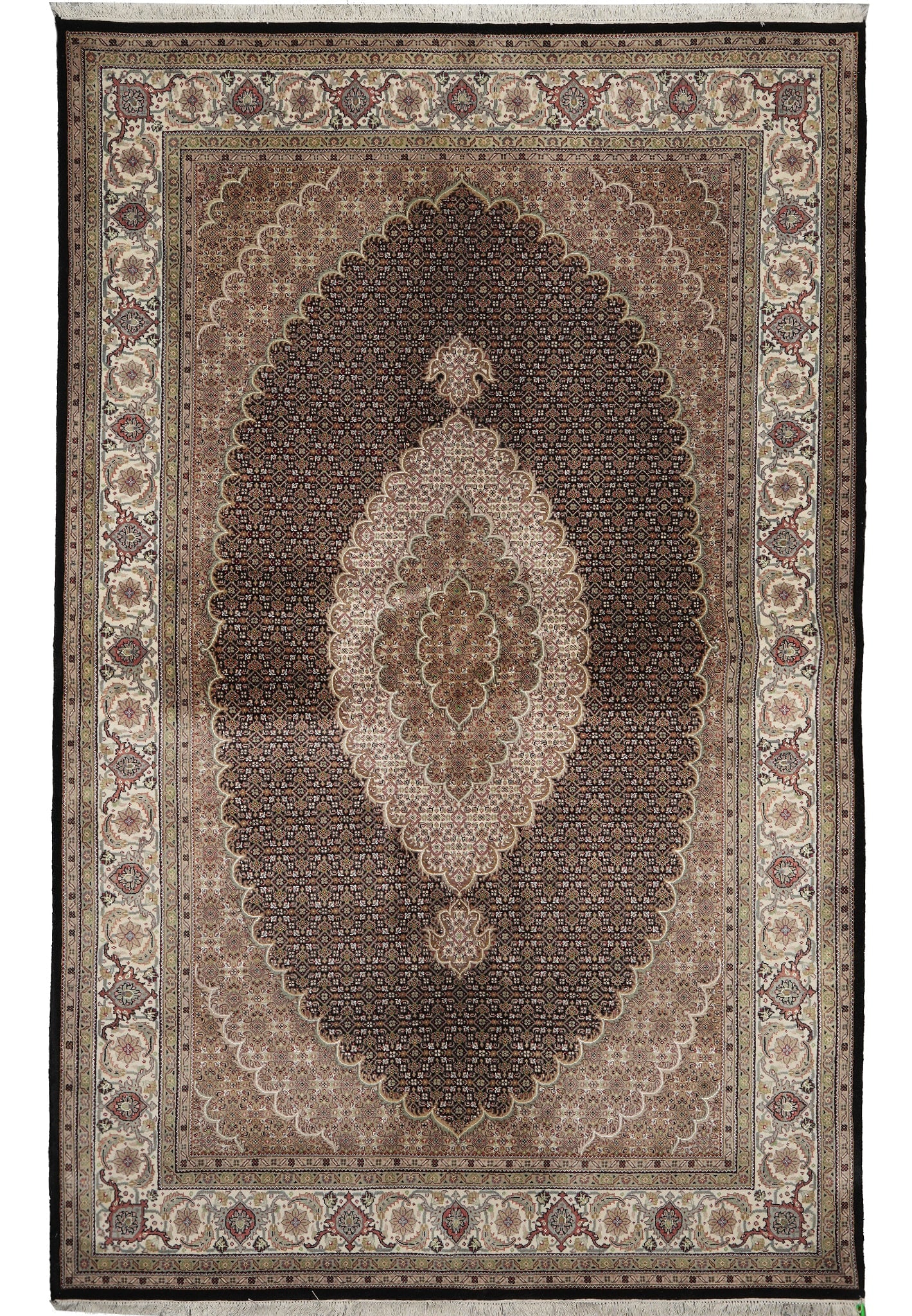 6.8 x 10 Persian Tabriz Mahi Hand Knotted Wool Silk Rug: 6.8 x 10 Persian Tabriz Mahi Hand Knotted Wool Silk Rug Free continental US Shipping Elevate your living space with this 6.8 x 10 hand-knotted Tabriz Mahi rug. Crafted by skilled artisans in Iran, thi