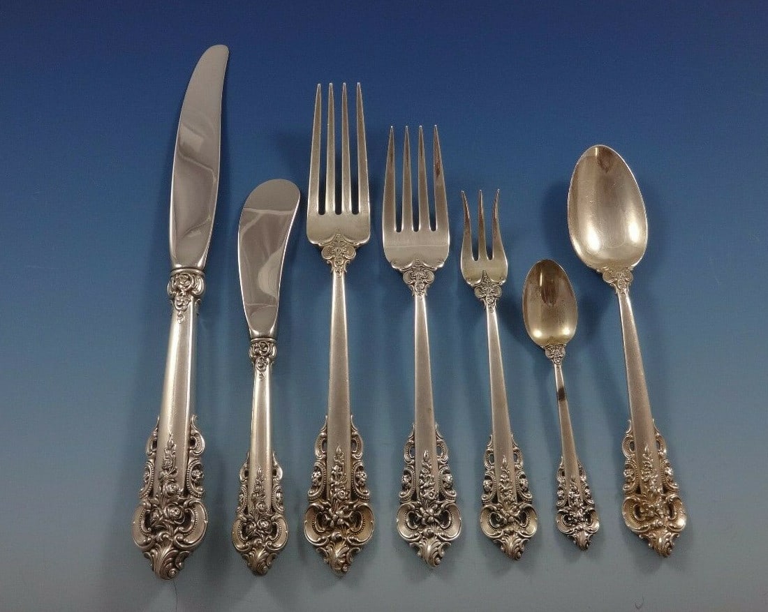 Wallace Grande Baroque Sterling Silver Flatware Set 59 Pieces for 8: Wallace Grande Baroque Sterling Silver Flatware Set 59 Pieces for 8 Enhance your dining experience with the Grande Baroque by Wallace Sterling Silver Flatware Set, designed for 8 individuals and compr