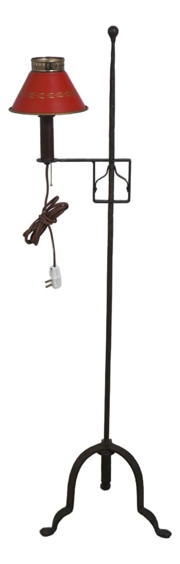 Adjustable wrought iron floor lamp with tripod base and tole shade (1 of 9)