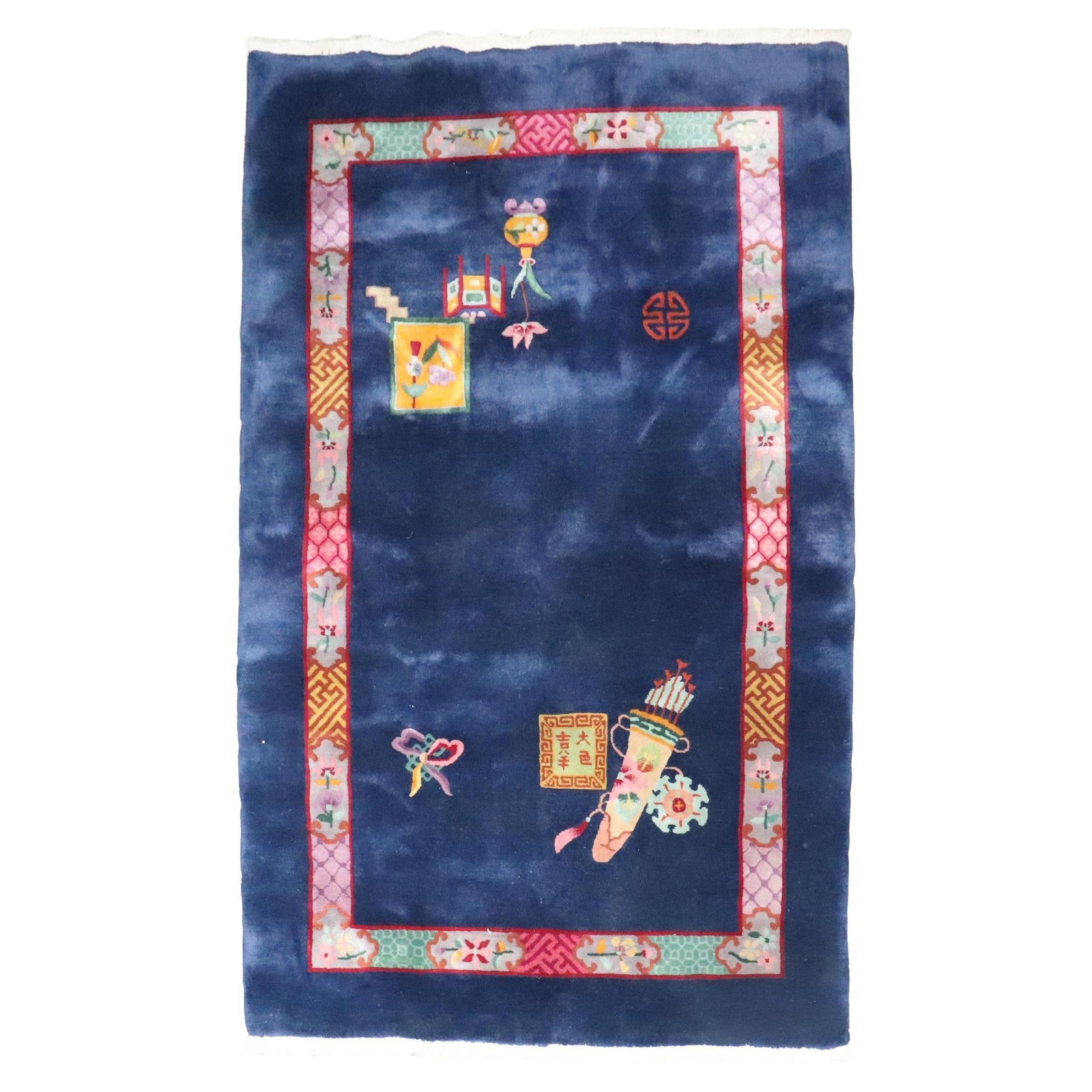 Chinese Art Deco Life of Prosperity Hand-Knotted Wool Carpet 46 x 74: Chinese Art Deco Life of Prosperity Hand-Knotted Wool Carpet 46 x 74 Experience the elegance of the Zabihi Collection with this exquisite 1930s Chinese Art Deco Life of Prosperity Carpet. Crafted from