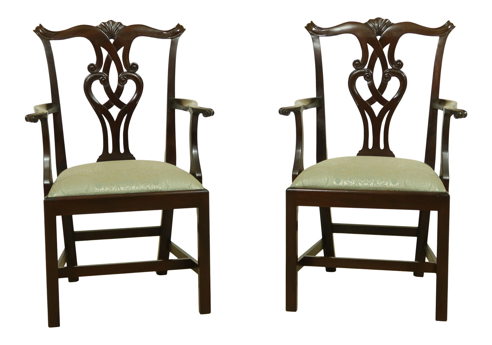 Pair of Mark Emirzian Chippendale Mahogany Armchairs Handcrafted in Massachusetts: Pair of Mark Emirzian Chippendale Mahogany Armchairs Handcrafted in Massachusetts This exquisite pair of Chippendale style armchairs showcases the elegance of 18th-century design. Crafted from solid m