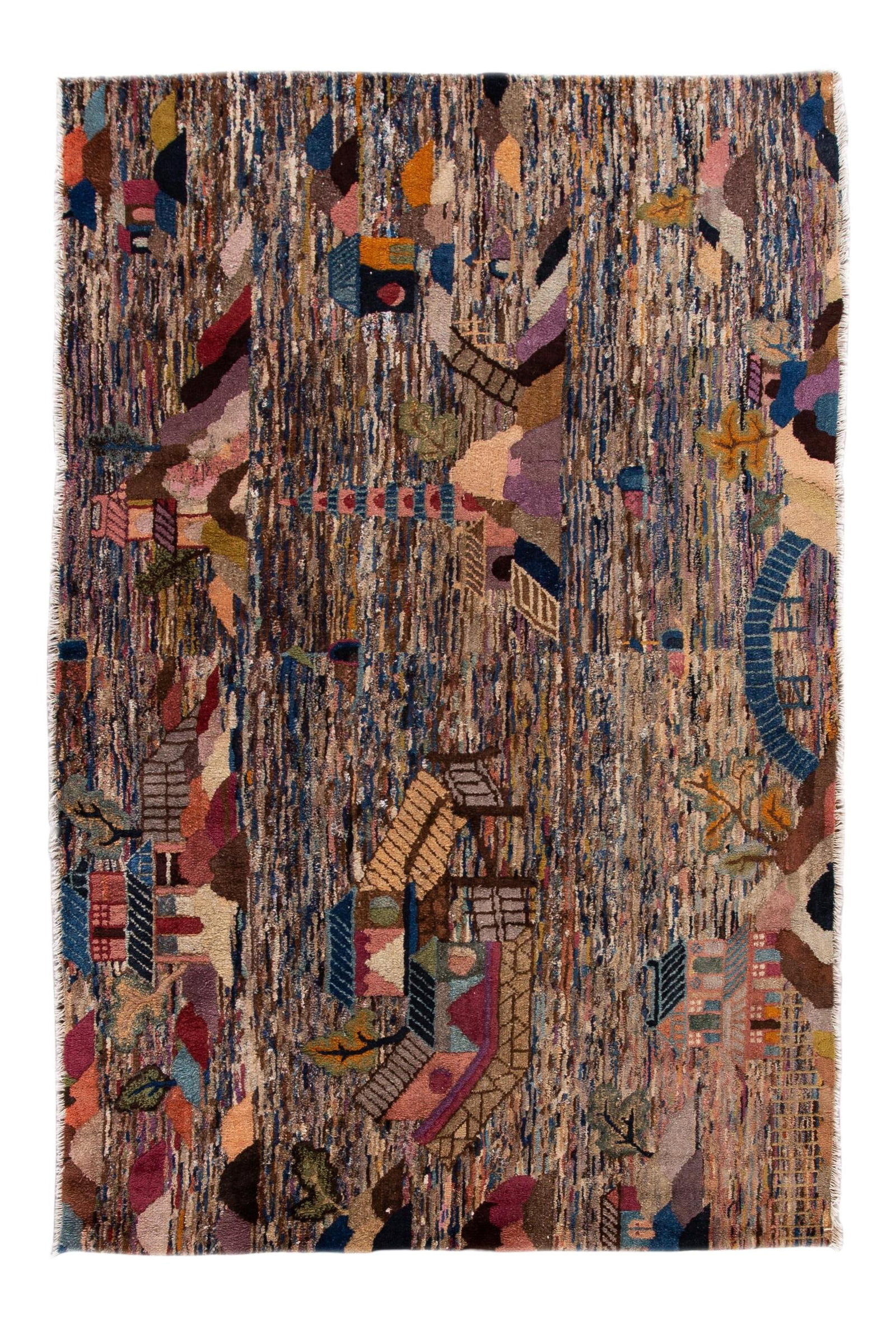 Vintage Hand-Knotted Chinese Wool Rug with Pictorial Design 5'10 x 8'10: Vintage Hand-Knotted Chinese Wool Rug with Pictorial Design 5'10 x 8'10 Experience the charm of midcentury design with this stunning vintage pictorial hand-knotted wool rug. Featuring an abstract brow