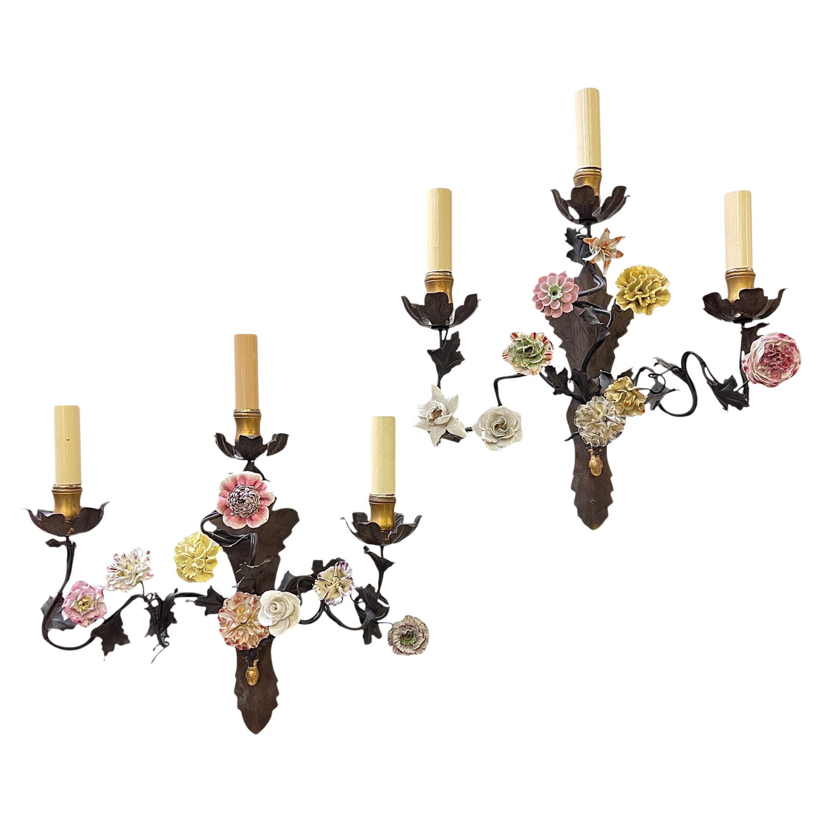 Set of 2 French patinated metal porcelain floral 3-light wall sconces (1 of 11)