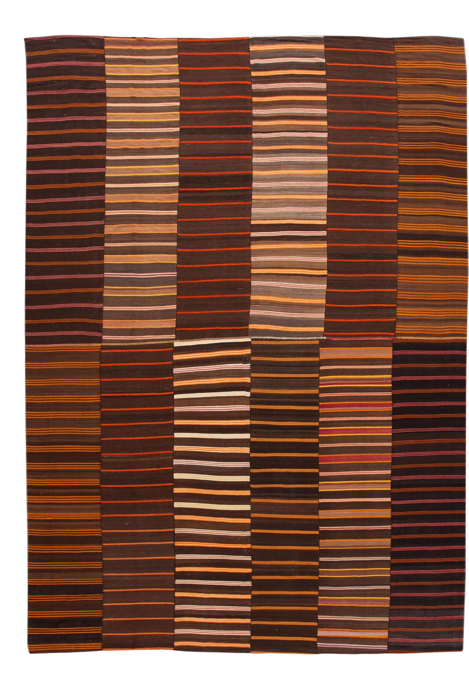 Vintage Mid-Century Handmade Wool Kilim Rug 11'9 x 16'4 Brown: Vintage Mid-Century Handmade Wool Kilim Rug 11'9 x 16'4 Brown Discover the charm of this beautiful vintage oversize flatweave handmade wool rug. This striking Kilim rug features a rich brown field ado