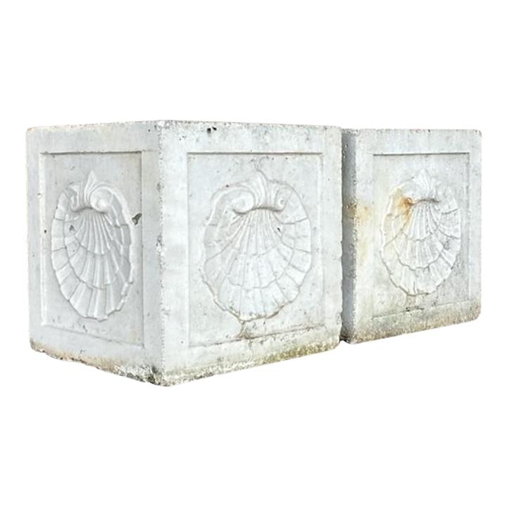 Pair of Vintage Coastal Concrete Clam Shell Planters: Pair of Vintage Coastal Concrete Clam Shell Planters Enhance your garden or home with this charming pair of vintage coastal cast concrete clam shell planters. Designed to resemble realistic clam shell