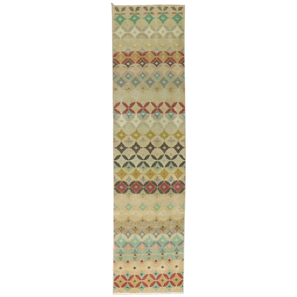 Hand-Knotted Wool Turkish Runner 28 x 110 in Mid-Century Modern: Hand-Knotted Wool Turkish Runner 28 x 110 in Mid-Century Modern This is a colorful, one-of-a-kind Turkish Anatolian runner from the mid-20th century. Hand-knotted from wool, it features a narrow profi