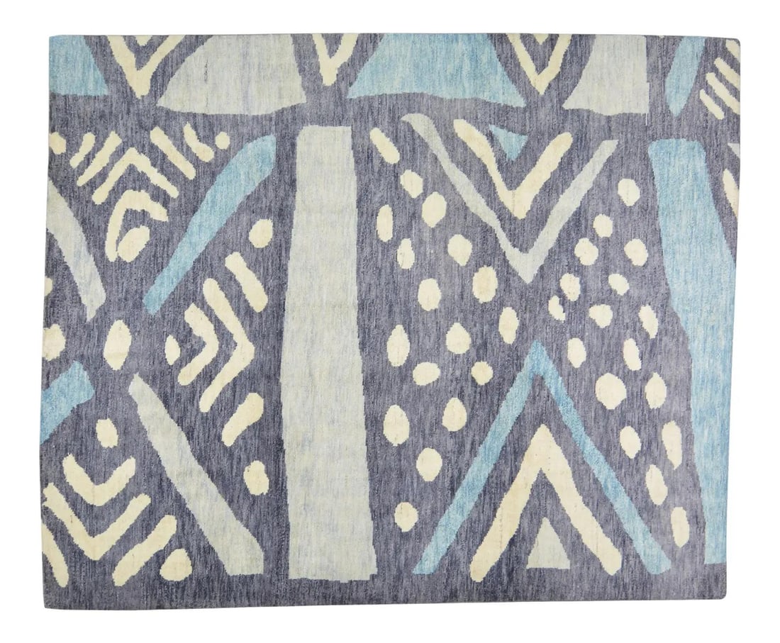 Contemporary Beni Ourain Wool Rug in Blue Hand Knotted 8'4" x 10': Contemporary Beni Ourain Wool Rug in Blue Hand Knotted 8'4" x 10' This Moroccan Beni Ourain rug features a hand-knotted construction using organic wool in natural colors. With a contemporary style and