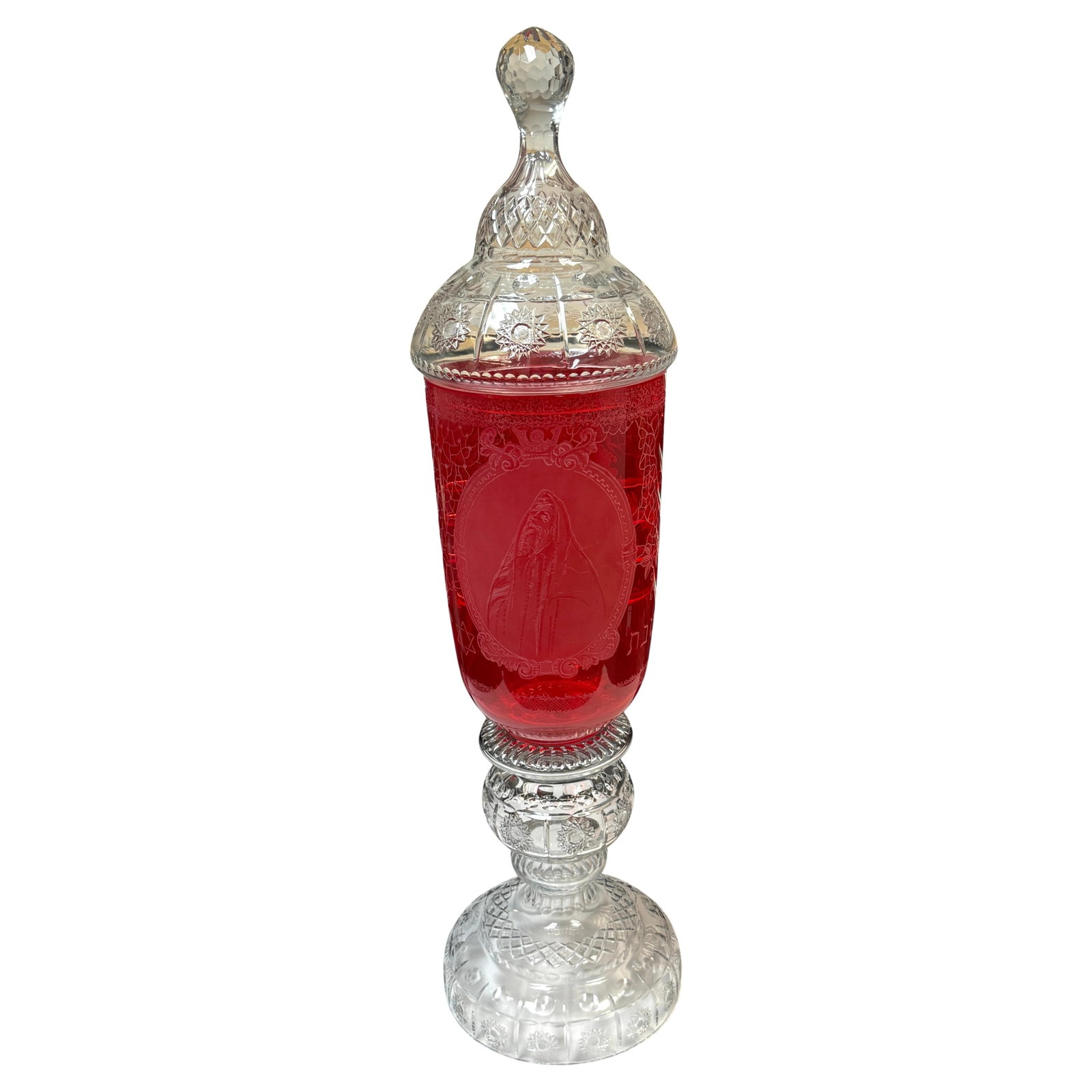 Monumental Bohemian Ruby Crystal Synagogue Presentation Urn Set of 2: Monumental Bohemian Ruby Crystal Synagogue Presentation Urn Set of 2 This monumental Bohemian ruby-flashed crystal ceremonial pokal is a striking presentation urn crafted for synagogue display. Standi