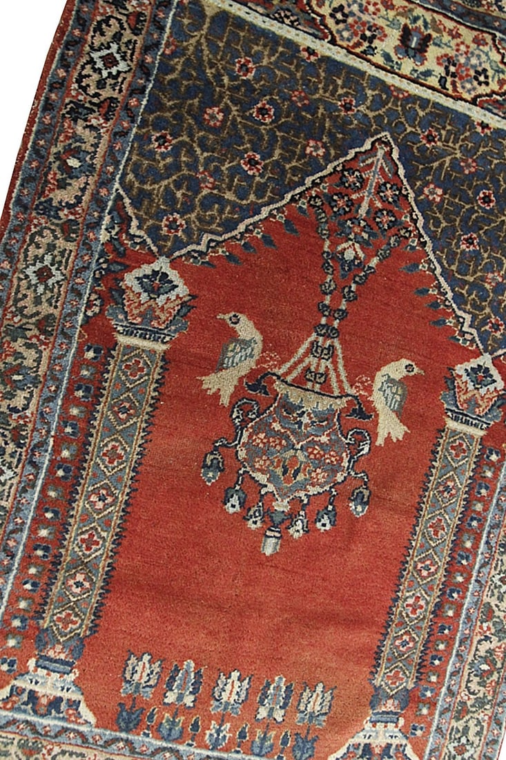 Antique Turkish Wool Wall Tapestry with Birds and Lantern 3 x 4 ft: Antique Turkish Wool Wall Tapestry with Birds and Lantern 3 x 4 ft This is an original hand-knotted antique Persian Mahal tapestry rug from circa 1890. The piece features a distinctive meditation desi