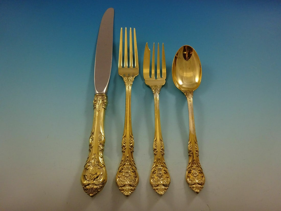 Gorham King Edward Gold Sterling Silver 4-Piece Place Setting: Gorham King Edward Gold Sterling Silver 4-Piece Place Setting Introducing the King Edward Gold place setting by Gorham, a stunning example of classic American craftsmanship. This 4-piece set is made o