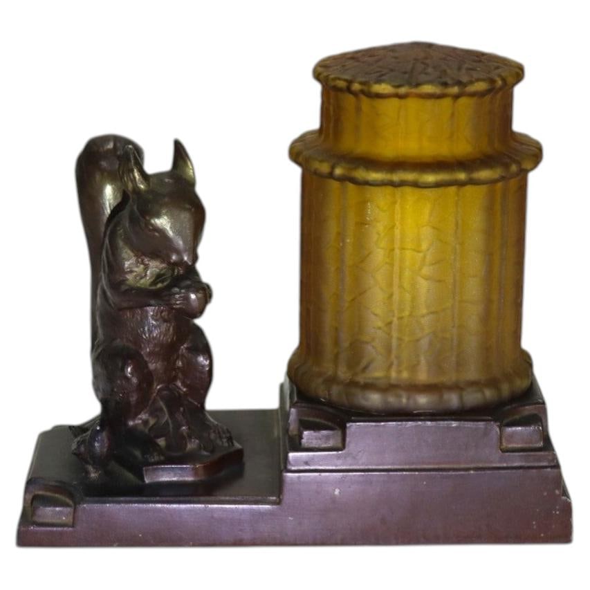 Art Deco Figural Table Lamp Squirrel Bird Amber Glass Shade c1930 (1 of 9)