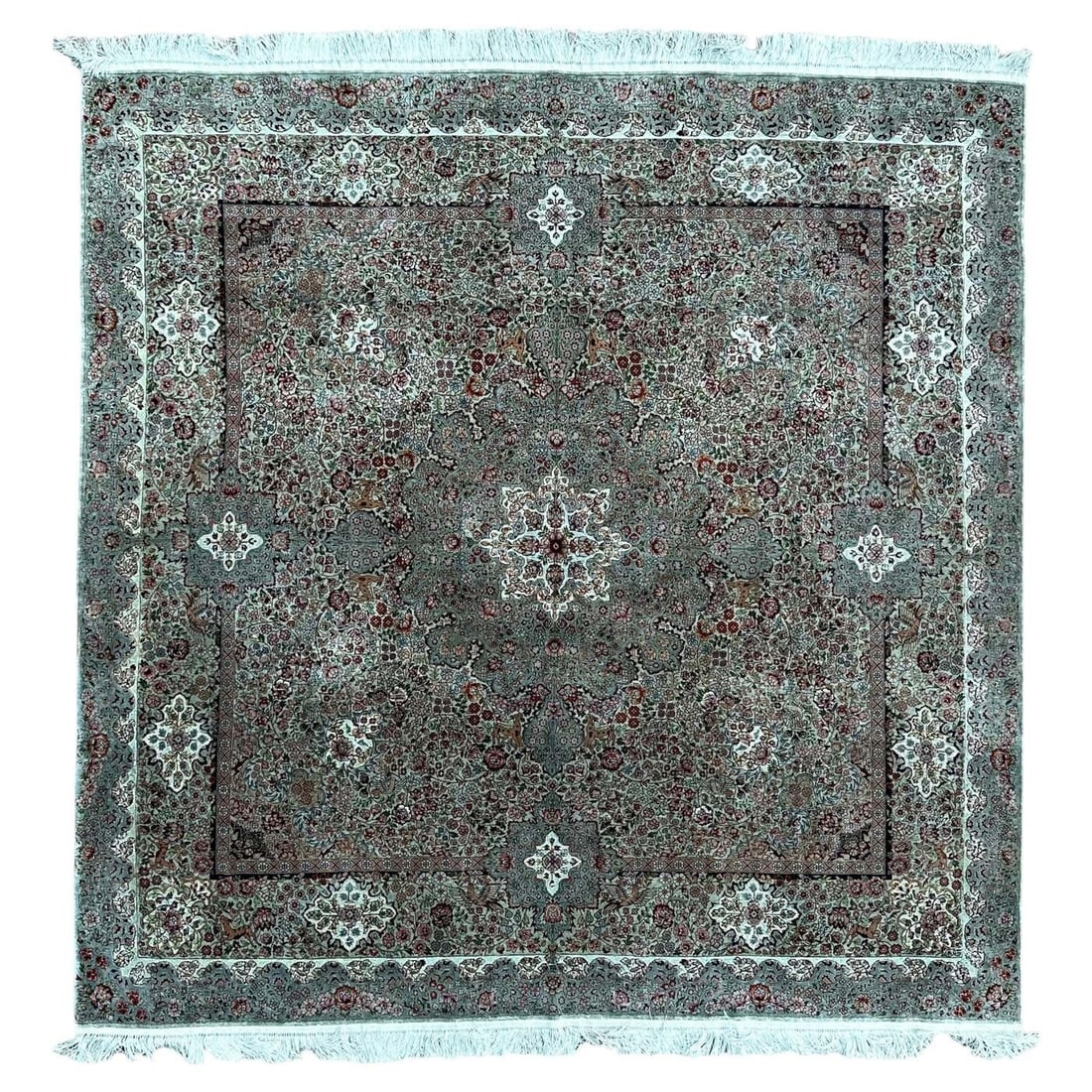 183cm x 185cm Chinese Silk Tapestry Rug with Metal Accents: 183cm x 185cm Chinese Silk Tapestry Rug with Metal Accents A vintage Chinese rug in a 6 x 6'1" size, featuring a sage green floral medallion design with decorative borders. It is made of silk with met
