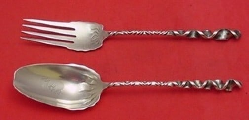 Whiting Sterling Silver Reverse Twist Salad Serving Set 2pc 9.5in Monogrammed: Whiting Sterling Silver Reverse Twist Salad Serving Set 2pc 9.5in Monogrammed Elevate your dining experience with this exquisite 2-piece salad serving set from Whiting Manufacturing Company. Crafted f