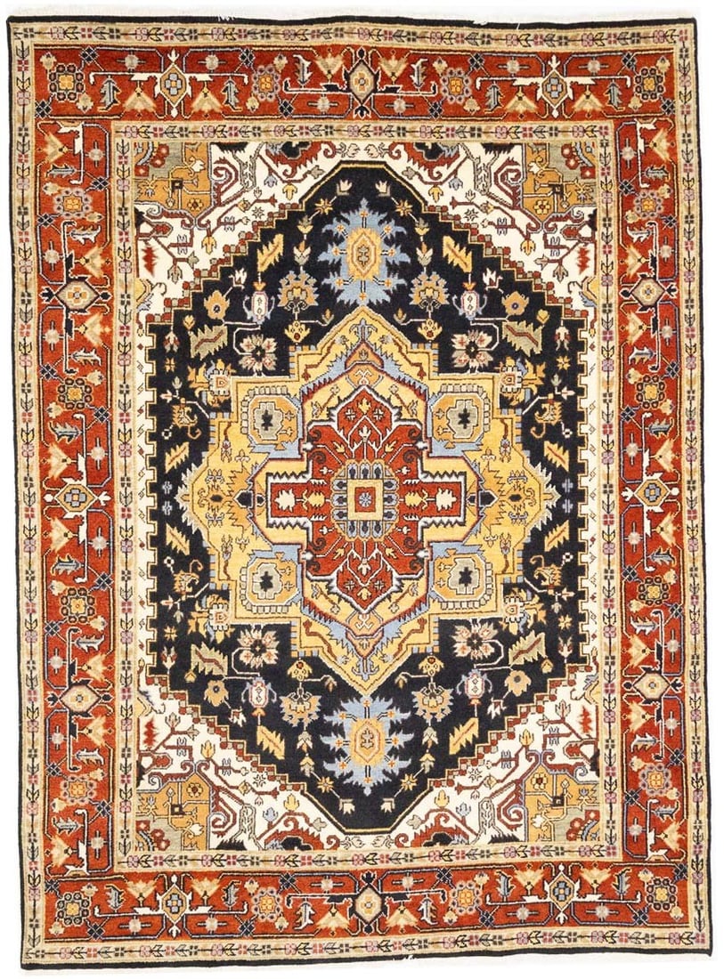 Hand-Knotted Wool Serapi Style Geometric Area Rug 8'9 x 11'9 Black Vintage: Hand-Knotted Wool Serapi Style Geometric Area Rug 8'9 x 11'9 Black Vintage This black geometric Serapi traditional oriental rug features a hand-knotted wool construction with a vintage regional design