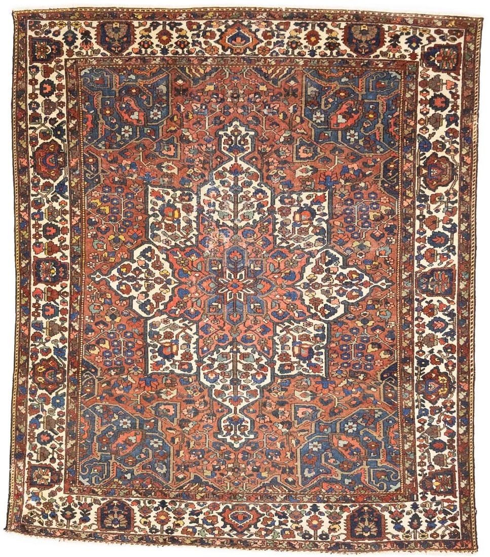 Vintage Hand-Knotted Wool Area Rug Floral Pattern 9'11 x 11'8 Western Asia: Vintage Hand-Knotted Wool Area Rug Floral Pattern 9'11 x 11'8 Western Asia This handmade Oriental rug features a striking rusty red background with a vintage floral design, crafted from wool using a h
