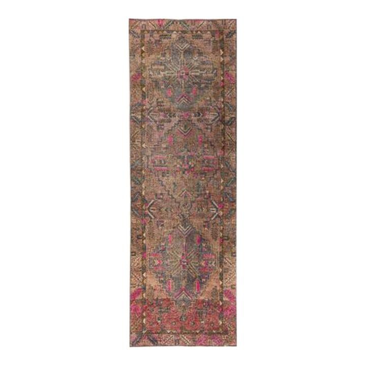 Vintage Persian Handmade Geometric Wool Runner 3'04 x 10'02 Peach: Vintage Persian Handmade Geometric Wool Runner 3'04 x 10'02 Peach This stunning vintage Persian runner features a beautiful distressed design in a warm peach field, showcasing multicolor accents in a 