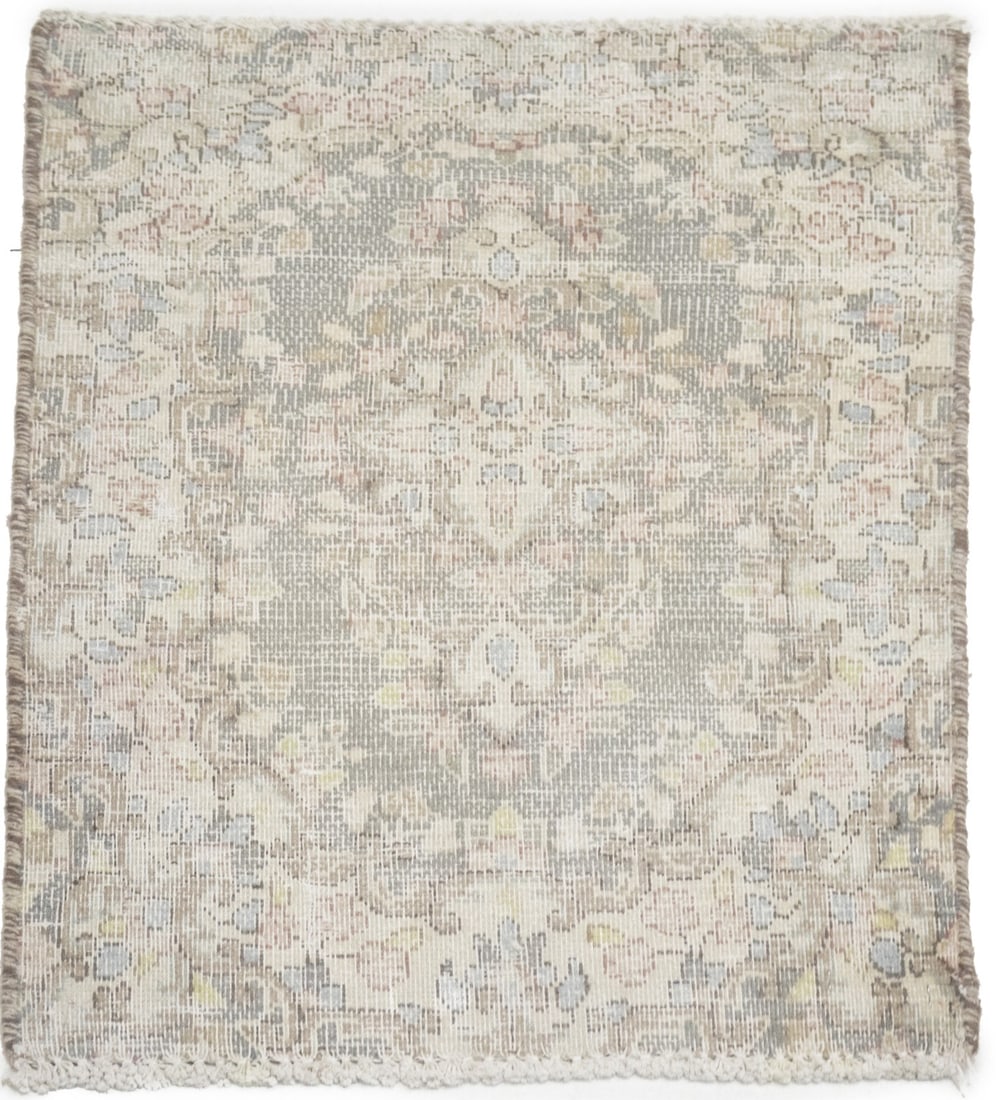 Hand-Knotted Wool Floral Rug Vintage Southern Asian 1'7 x 2'2 Accent Carpet: Hand-Knotted Wool Floral Rug Vintage Southern Asian 1'7 x 2'2 Accent Carpet This antique vintage oriental rug features a hand-knotted wool construction with a distressed floral pattern in muted tones 