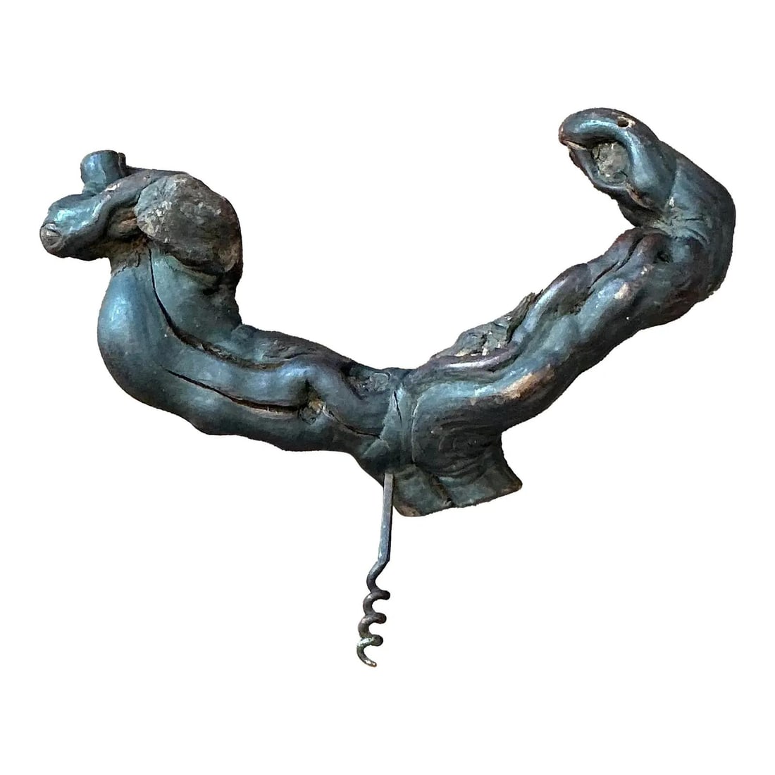 Rustic Wood and Metal Corkscrew with Twisted Natural Handle: Rustic Wood and Metal Corkscrew with Twisted Natural Handle This vintage corkscrew features a handle crafted from a gnarled, twisted piece of old grapevine or similar root wood, finished in a dark, co