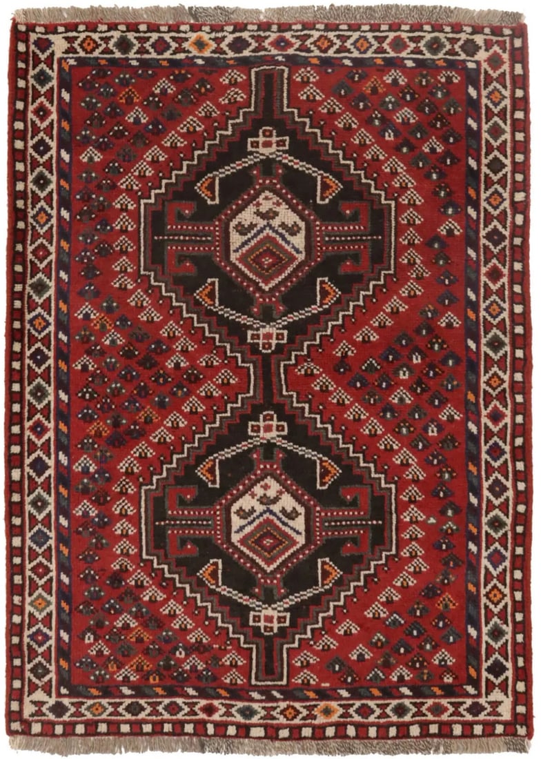 Handmade Vintage 3'6 x 4'9 Tribal Geometric Wool Rug in Rusty Red: Handmade Vintage 3'6 x 4'9 Tribal Geometric Wool Rug in Rusty Red Enhance your space with this stunning Handmade Oriental Rug, featuring a vibrant rusty red color complemented by geometric tribal patt