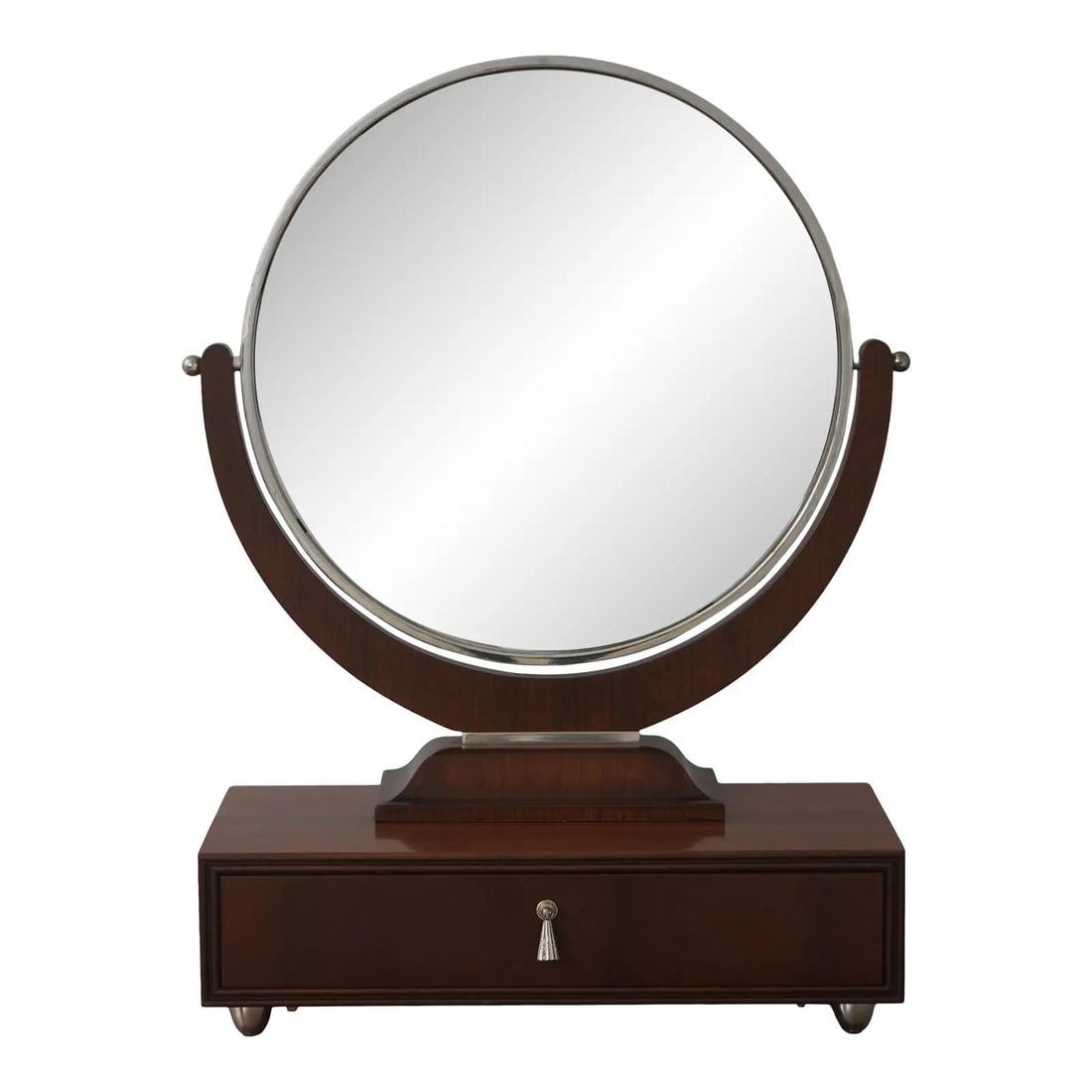 Walnut Dressing Mirror with Chrome Frame and Feet: Walnut Dressing Mirror with Chrome Frame and Feet This dresser top dressing mirror features an Art Deco style with a high-quality walnut construction complemented by chrome frame and feet hardware. Th