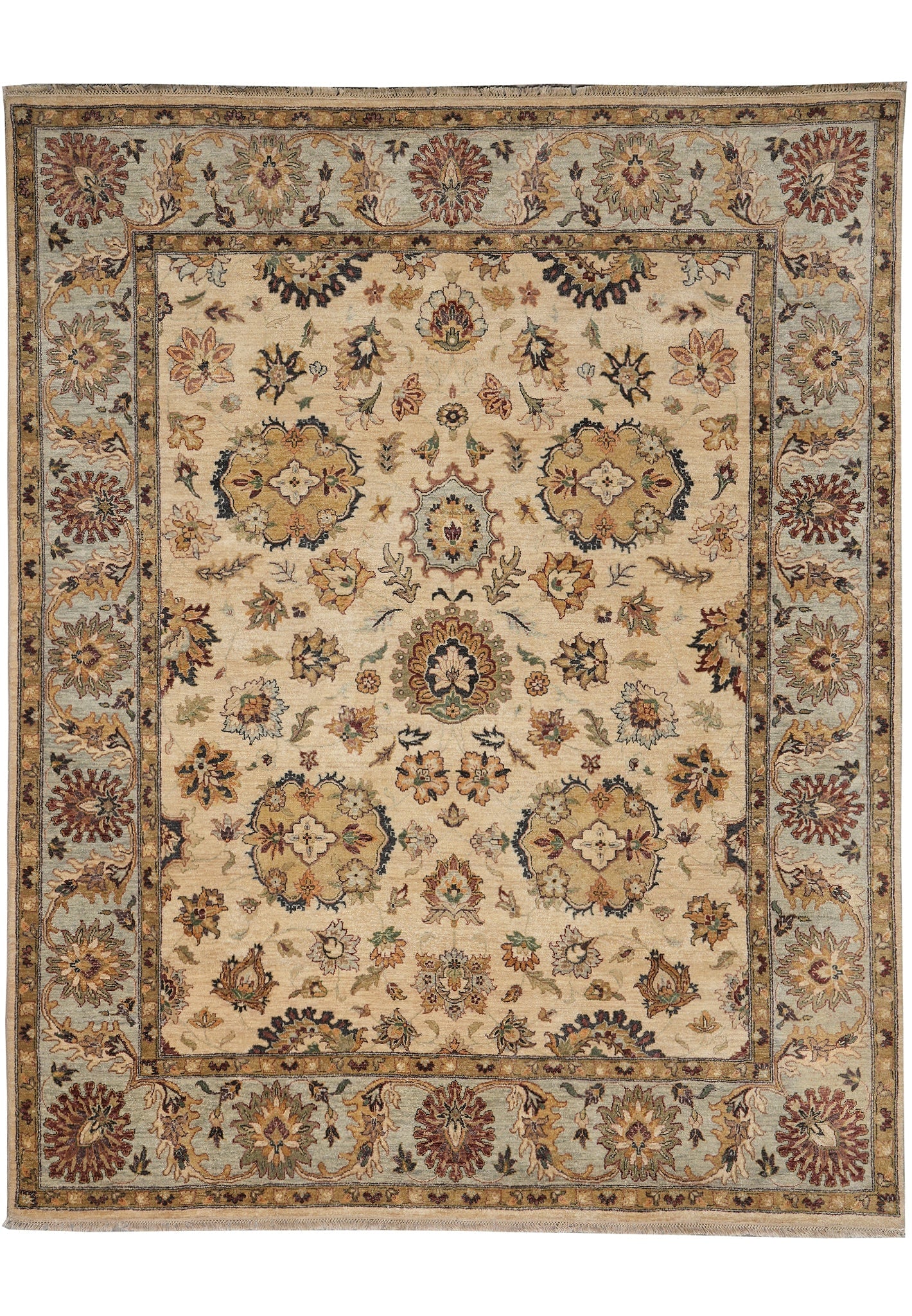 8 x 10 Handmade Hand-Knotted Wool Rug Beige Blue Gold: 8 x 10 Handmade Hand-Knotted Wool Rug Beige Blue Gold Free continental US Shipping This 8 x 10 handmade wool rug features a beige, blue, and gold palette and a hand-knotted construction. Made from 100