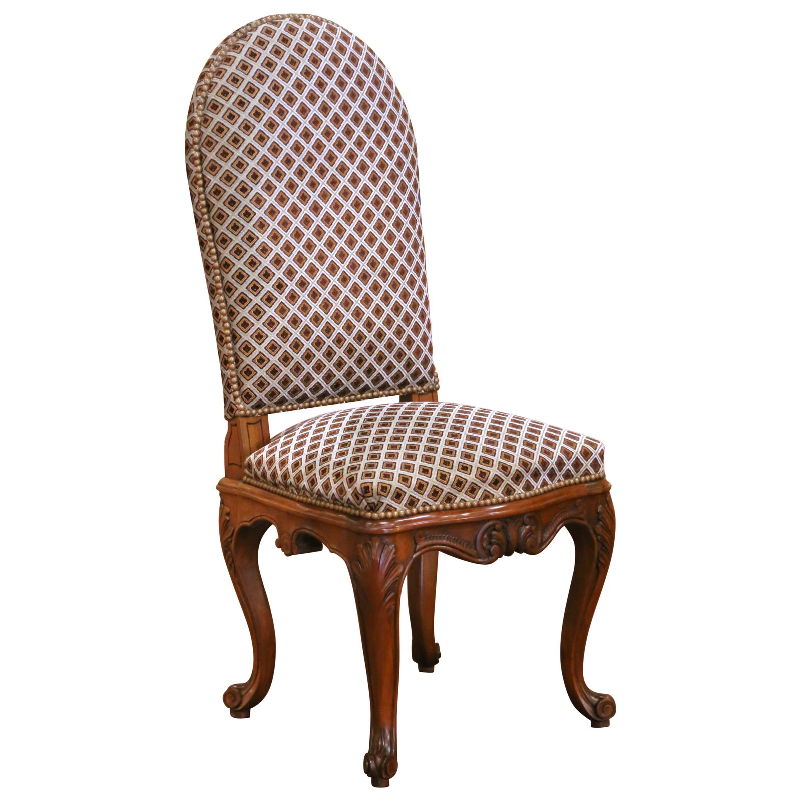 French Louis XV Walnut Desk Chair with Upholstered Seat: French Louis XV Walnut Desk Chair with Upholstered Seat This Mid-Century French Louis XV desk chair, crafted circa 1950, showcases refined walnut woodwork with hand-carved details and a patinated fini