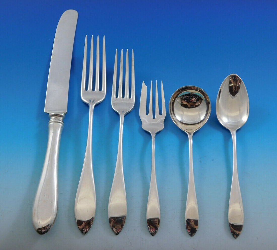 Wallace Puritan Sterling Silver Flatware Set for 8 55 Pcs with Storage Chest: Wallace Puritan Sterling Silver Flatware Set for 8 55 Pcs with Storage Chest Enhance your dining experience with the Puritan pattern sterling silver flatware set by Wallace, consisting of 55 pieces de