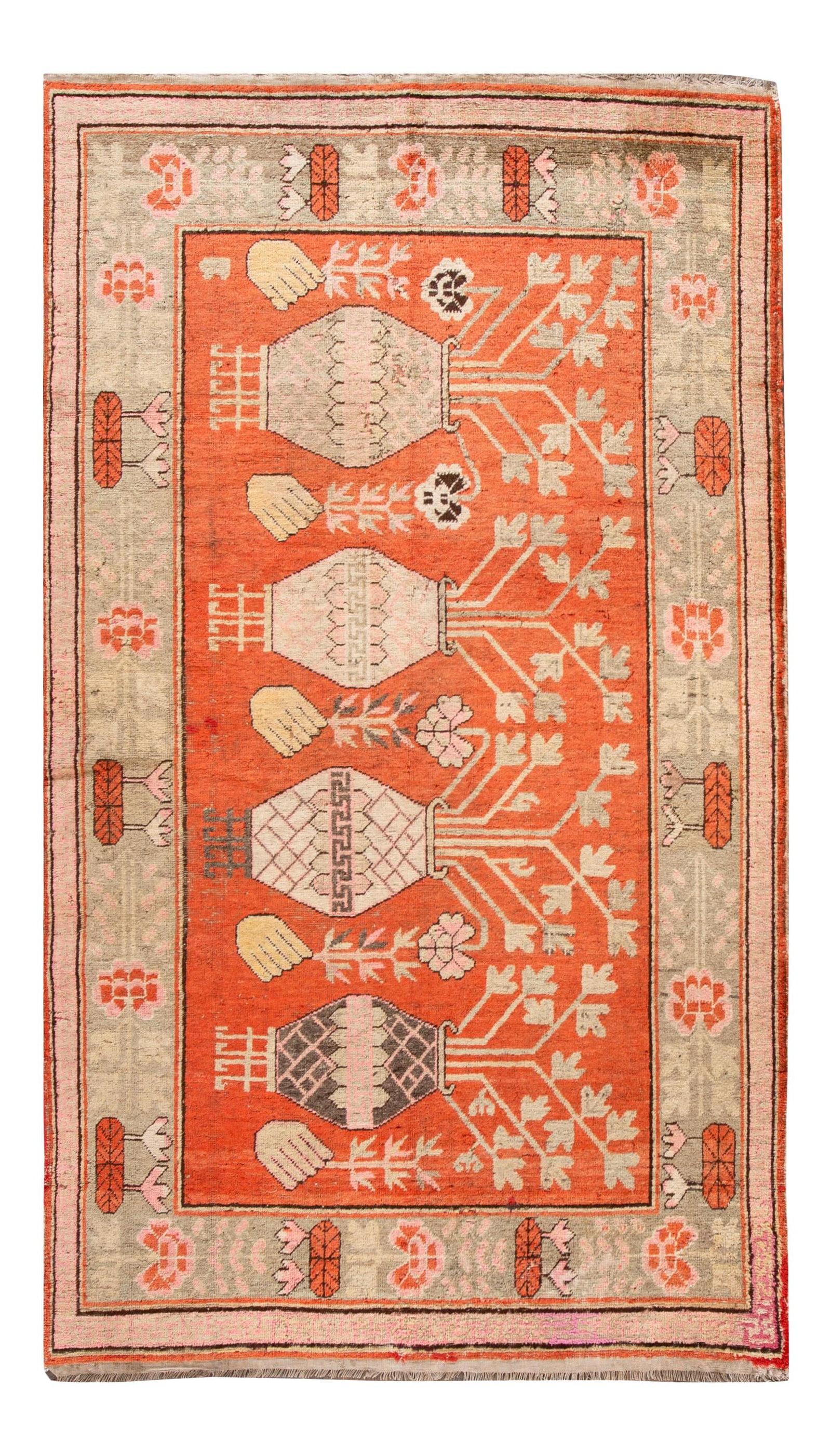 1920s Antique Khotan Hand-Knotted Wool Scatter Rug 5' x 8'7": 1920s Antique Khotan Hand-Knotted Wool Scatter Rug 5' x 8'7" Discover the charm of this Early 20th Century Antique Khotan Scatter Wool Rug. This exquisite hand-knotted wool rug showcases a vibrant ora