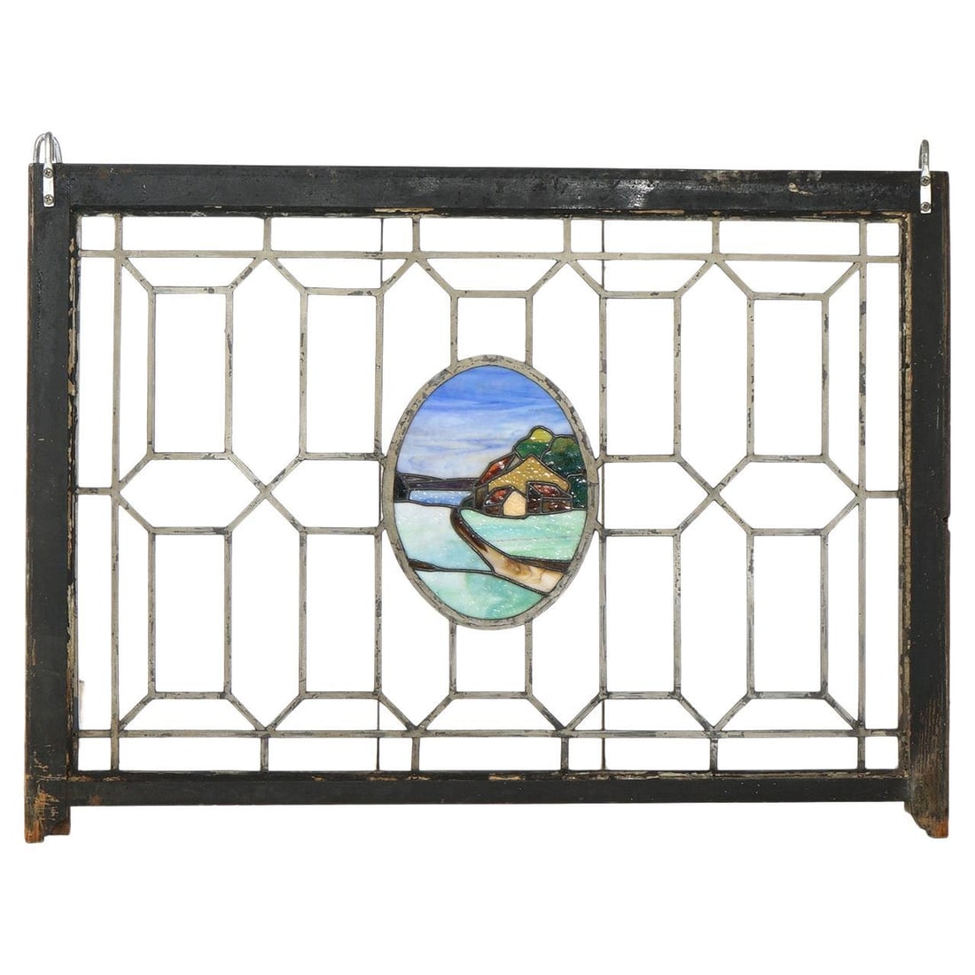 Antique 1910 Arts & Crafts Leaded Stained Glass Window Country Road: Antique 1910 Arts & Crafts Leaded Stained Glass Window Country Road This antique Arts & Crafts leaded and stained glass window, dating back to circa 1910, is a stunning example of early 20th-century c