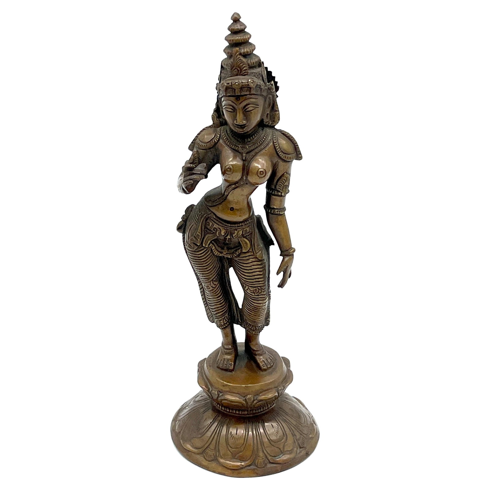 19th Century South Indian Chola-Style Bronze Goddess Sculpture on Lotus Base: 19th Century South Indian Chola-Style Bronze Goddess Sculpture on Lotus Base This exquisite Antique South Indian Chola-Style Bronze Goddess Sculpture stands at 11 inches tall and 4 inches in diameter,