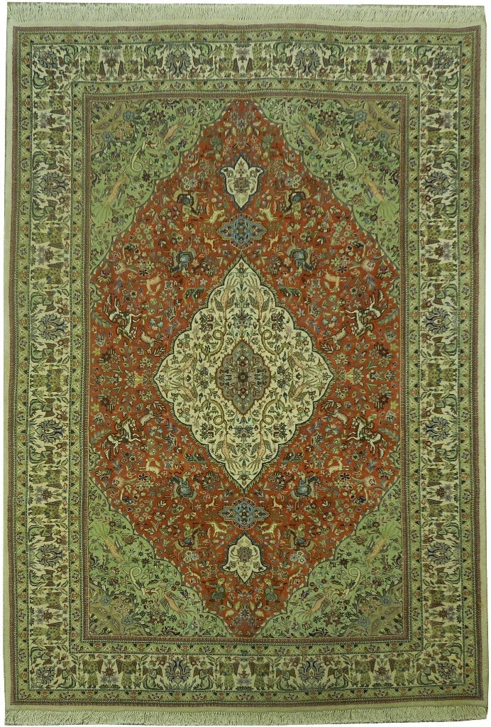 6.9 x 10 Authentic Persian Tabriz Tabataba Hunting Scene Rug (1 of 6)