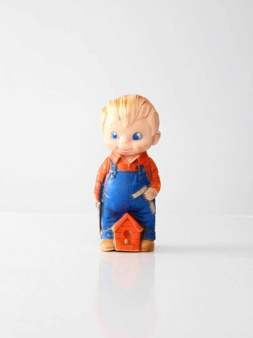 1968 J.L. Prescott Vintage Rubber Squeeze Toy Boy Carpenter: 1968 J.L. Prescott Vintage Rubber Squeeze Toy Boy Carpenter Discover this charming vintage rubber squeeze toy from the J.L. Prescott Company, dating back to 1968. This delightful character features a 