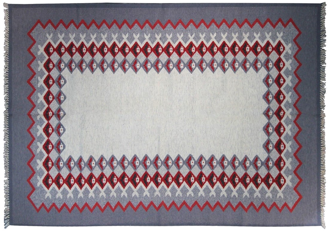 Handwoven Scandinavian Wool Kilim Area Rug 6'3 x 9': Handwoven Scandinavian Wool Kilim Area Rug 6'3 x 9' This vintage Scandinavian flatwoven kilim rug features a striking geometric and Art Nouveau-inspired pattern in shades of grey, red, dark grey, and 