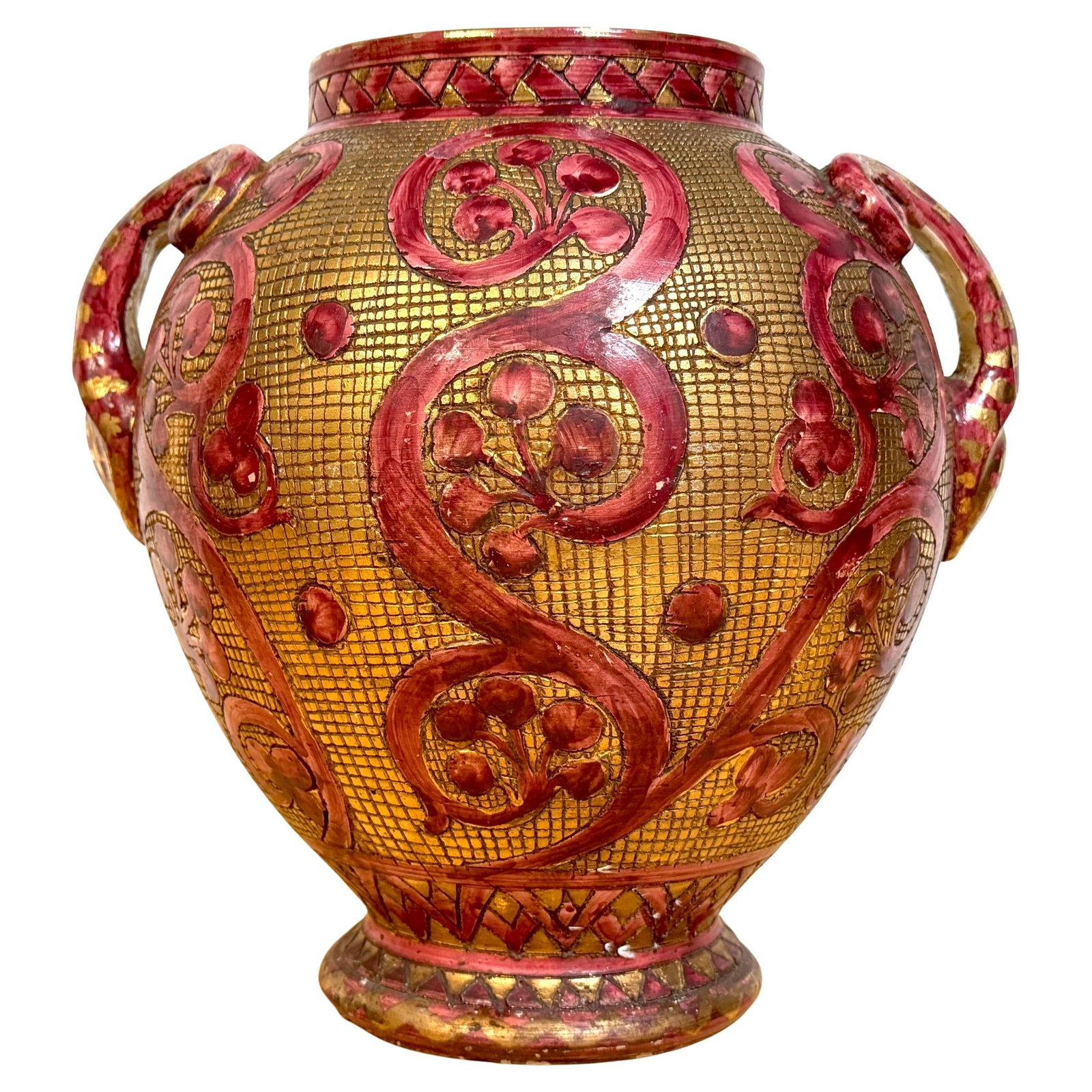 Mid Century Italian Aretini Vase With Red and Gold Relief From Arezzo: Mid Century Italian Aretini Vase With Red and Gold Relief From Arezzo This large Italian Aretini pottery vase from Arezzo, Tuscany, dates to the mid-20th century and features a hand-thrown, hand-paint